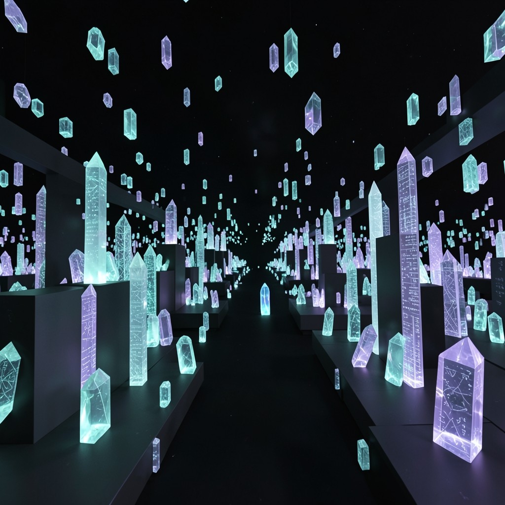 Abstract digital library concept with illuminated crystalline data prisms and knowledge archives
