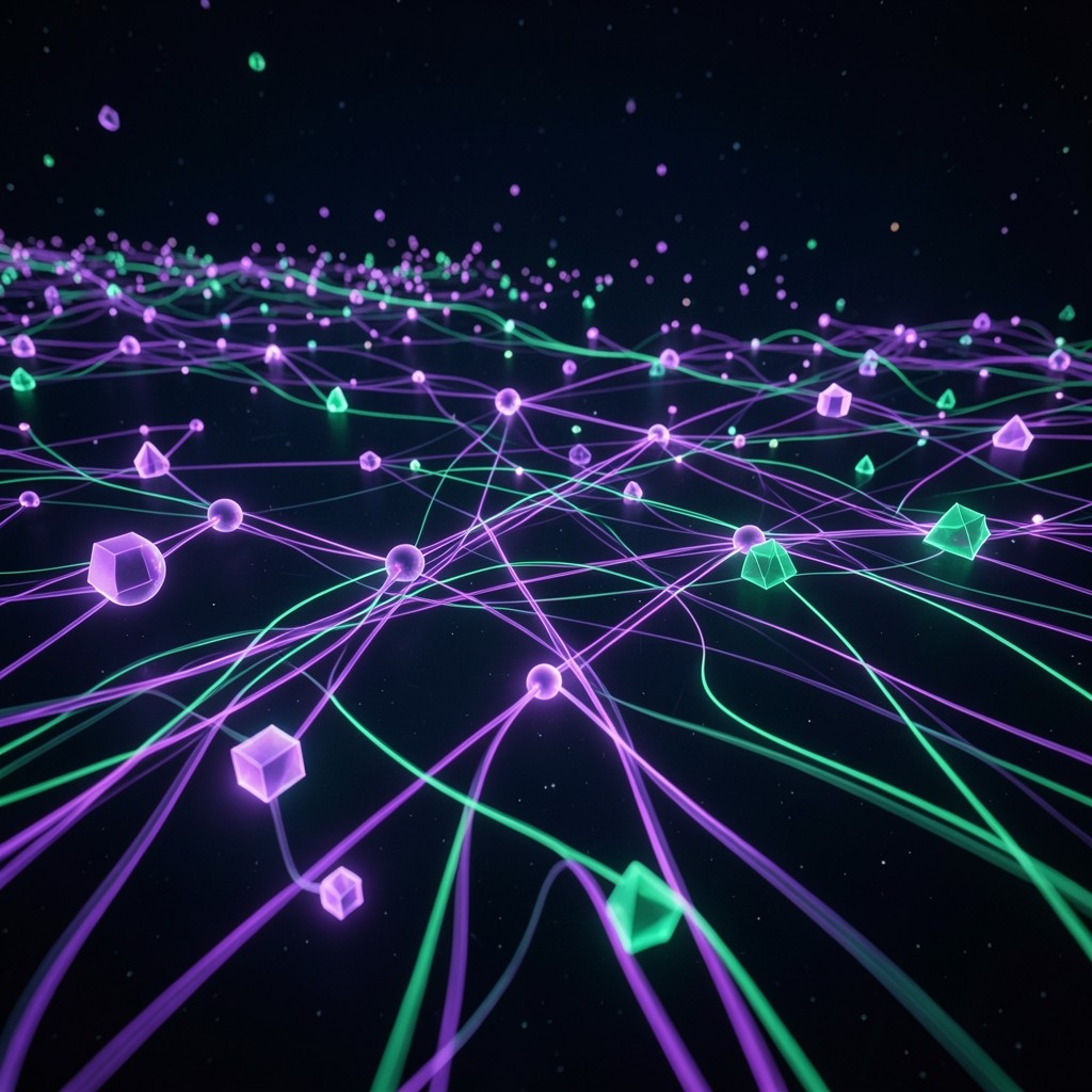 Futuristic digital network visualization with illuminated nodes and glowing purple and emerald data streams