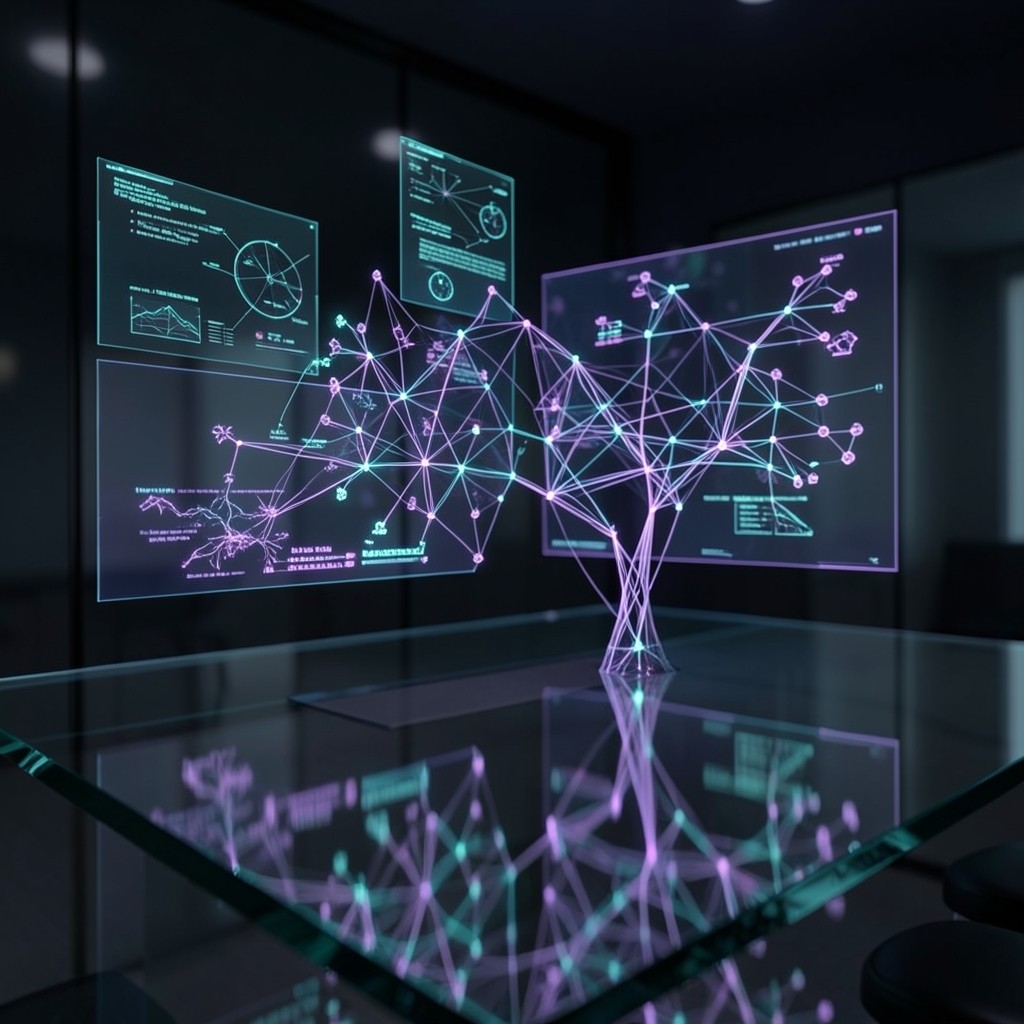 Interactive educational mentorship concept with holographic concept diagrams in violet and teal light